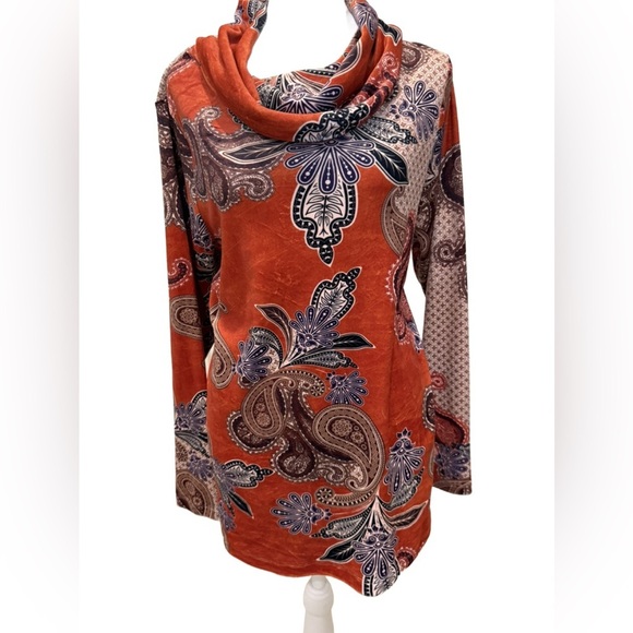 Leo & Nicole Sweaters - Leo & Nicole Rust Orange and Blue Paisley Cowl Neck Sweater. Large